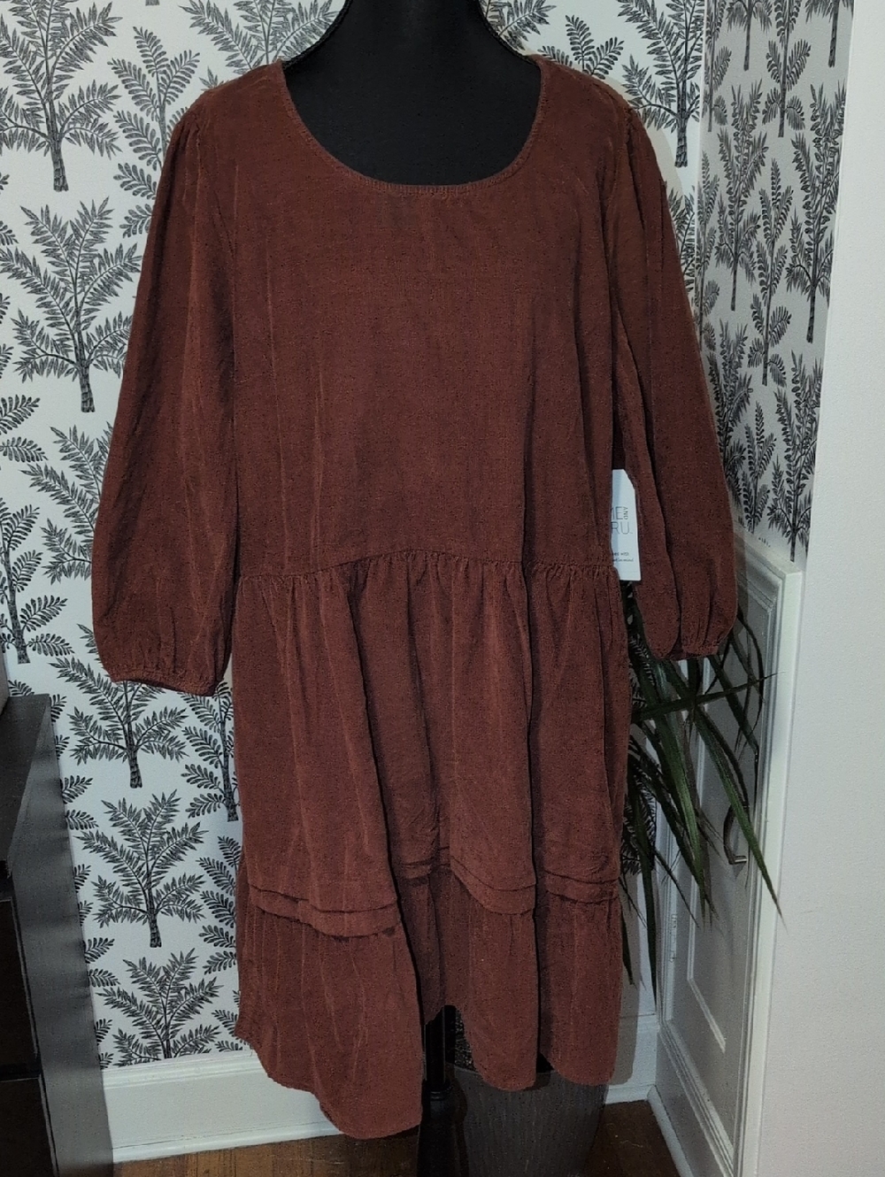 Women's Corduroy Brown Tiered Long-Sleeve Dress
